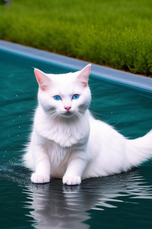 A far away image of a surreal, almost human-like white cat, with a very close-fitting coat, resembling a sleek, smooth texture, with light blue eyes. The cat gracefully rests on a pink flamingo-shaped float in a crystal-clear pool of water. Her expression is relaxed and regal, exuding feline royalty. The sun shines on her fur, giving it a soft glow. A few leaves float in the pool, and the background shows a lush tropical garden filled with green plants and colorful flowers. The image is panoramic and captures the luxurious and serene atmosphere in a vibrant, aesthetic style. The cat has an enviable figure but also cute, Disney-style. Photorealistic